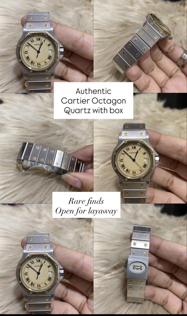 Authentic Cartier Octagon Quartz with Box (Category: Luxury Watches) located in San Pablo. Submitted by with.jacque (Listing ID 1466157385, Image 1). Description: - Authentic Cartier Octagon quartz watch - Two-tone stainless steel and yellow gold design - Cream dial with classic Roman numerals - Date window located at the 3 o'clock position - Iconic screw accents on the bezel and bracelet - Includes original box - Rare find; layaway payment optio