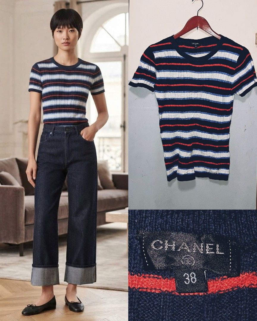 Authentic Chanel Knit Top (Category: Luxury Apparel) located in Cebu City. Submitted by cebuanamomshies (Listing ID 1466181539, Image 1). Description: S-L Knitted Stretch Fabric Crewneck Short-sleeve Ribbed 91%Cotton 5% sole silk 4% viscose authentic.