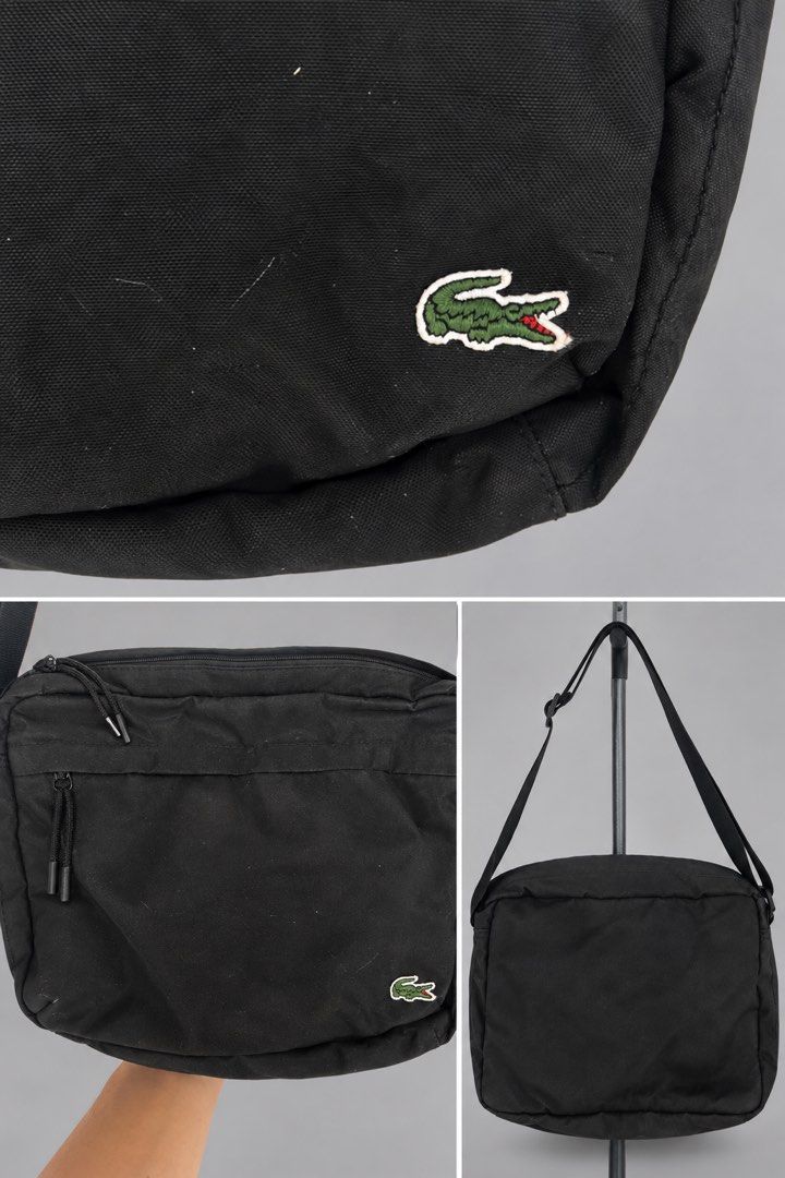 Authentic Lacoste Shoulder Sling Crossbody Bag (Black) (Category: Sling Bags) located in Manila. Submitted by socalkid (Listing ID 1466238317, Image 2). Description: Lacoste Shoulder Sling Crossbody Bag (Black) Spacious capacity with multiple internal pockets for excellent functionality, can fit an 11-in laptop comfortably. Adjustable strap. Dimensions: Length - 13.5’ Height - 9.5’ ✅ No functional issue, minimal signs of usage, minor hairline scr
