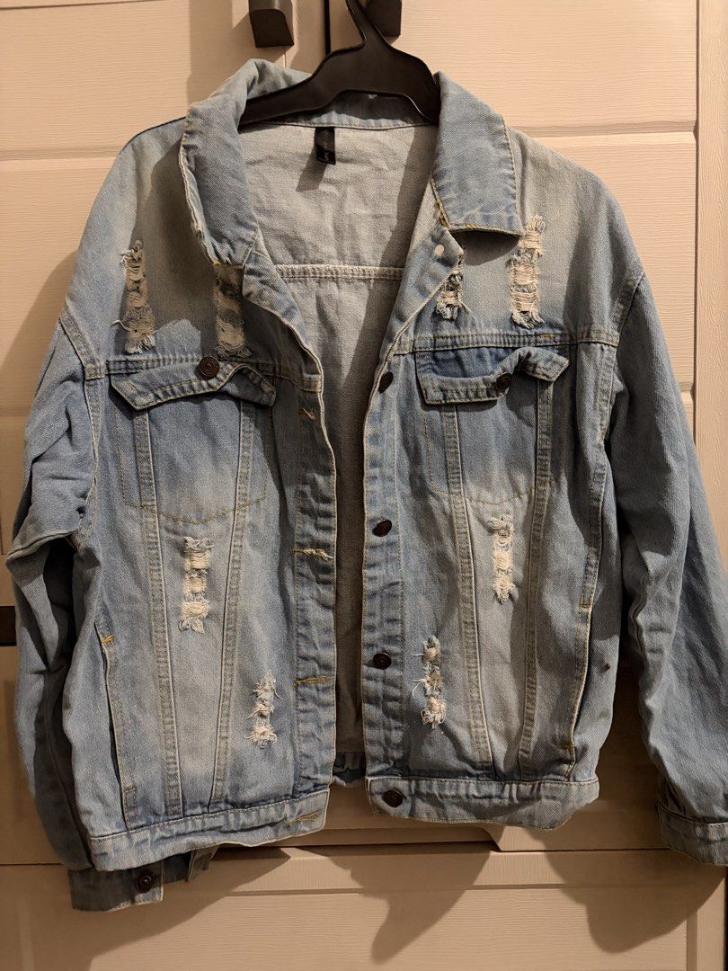 39. Authentic MK Michel Klein Paris Distressed Oversized Denim Jacket (Light Wash (Category: Coats, Jackets and Outerwear) located in Manila. Submitted by athenabrave (Listing ID 1466162877, Image 1). Description: Level up your casual streetwear outfits with this gorgeous designer piece! Features a beautiful light wash and heavy distressed aesthetic. • Brand: MK Michel Klein Paris • Style: Relaxed, slightly oversized fit with heavy front ripping/