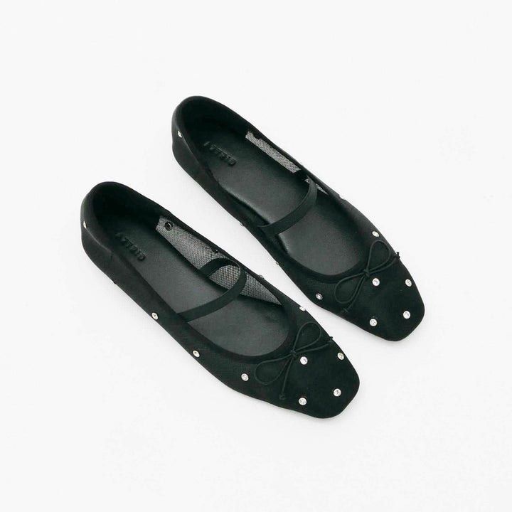 Aztrid Dani Black Mary Jane Flats with Studs and Bow (Category: Flats & Sandals) located in Bacoor. Submitted by anikanikmarket (Listing ID 1466291221, Image 1). Description: - Brand: Aztrid - Style: Black Mary Jane flats with mesh upper - Details: Cute front bow and edgy small metal studs - Fit: Comfortable elastic strap across the topt - Condition: Worn, pristine condition - Packaging: Comes with original branded silver box and paper stuffing.