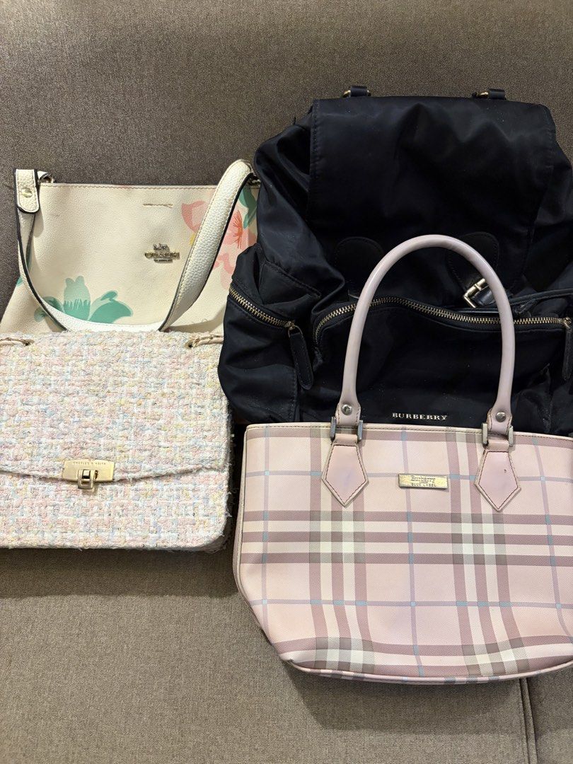 Bag Bundle (Category: Cross-body Bags) located in Manila. Submitted by lucky.macherie (Listing ID 1466279451, Image 1). Description: Bundle only Authentic charles and keith tweed crossbody with tarnishing on hardware Authentic burberry backpack with dirt, sira sa isang strap Coach floral thrifted item with dirts and issues Burberry tote authentic pero madami na din issues Fixed price.