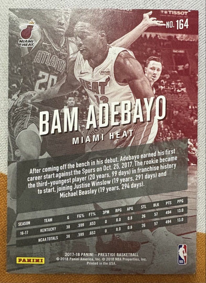 Bam Adebayo 164 (Category: Raw Singles) located in Manila. Submitted by steadycards80 (Listing ID 1466298718, Image 2). Description: Rookie card.