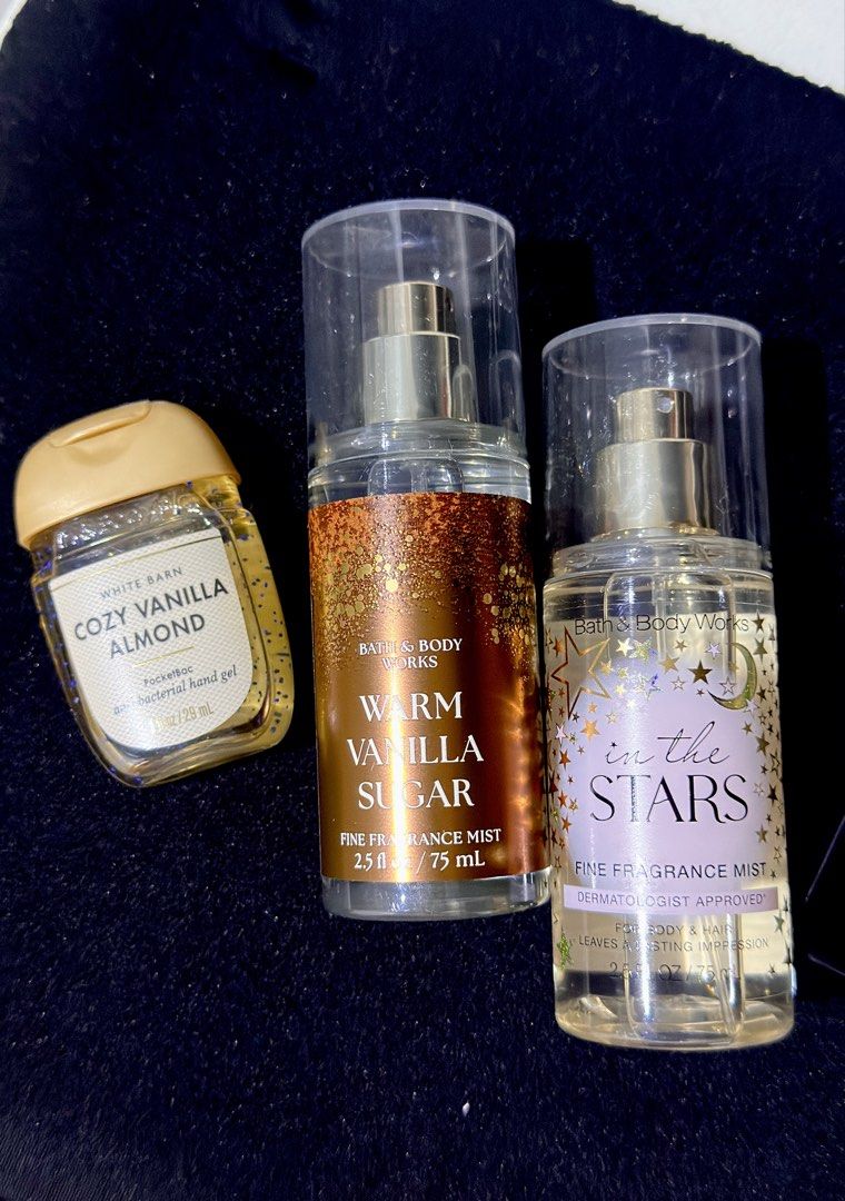 Bath & Body Works Mists and Hand Gel Bundle (Category: Fragrance & Deodorants) located in Cavite. Submitted by __elizagarcia.xi (Listing ID 1466201120, Image 1). Description: - Authentic Bath & Body Works - Warm Vanilla Sugar Fine Fragrance Mist (2.5 fl oz / 75 mL) - In the Stars Fine Fragrance Mist (2.5 fl oz / 75 mL) - [FREE] Cozy Vanilla Almond Antibacterial Hand Gel (1 fl oz / 29 mL) - Brand new and unused - Original price tags still attached
