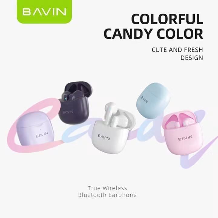 BAVIN True Wireless Bluetooth Earphone Candy Colors (Category: Earphones) located in Manila. Submitted by iliasjen3082126 (Listing ID 1466216014, Image 2). Description: - Brand: BAVIN Wireless Earbuds - Condition: Brand new, sealed in retail box - Colors: Multiple pastel and dark shades available - Connectivity: Bluetooth 5.3 - Controls: Smart touch controls for music and calls - Durability: IPX5 waterproof rating - Battery: Up to 240 hours of st