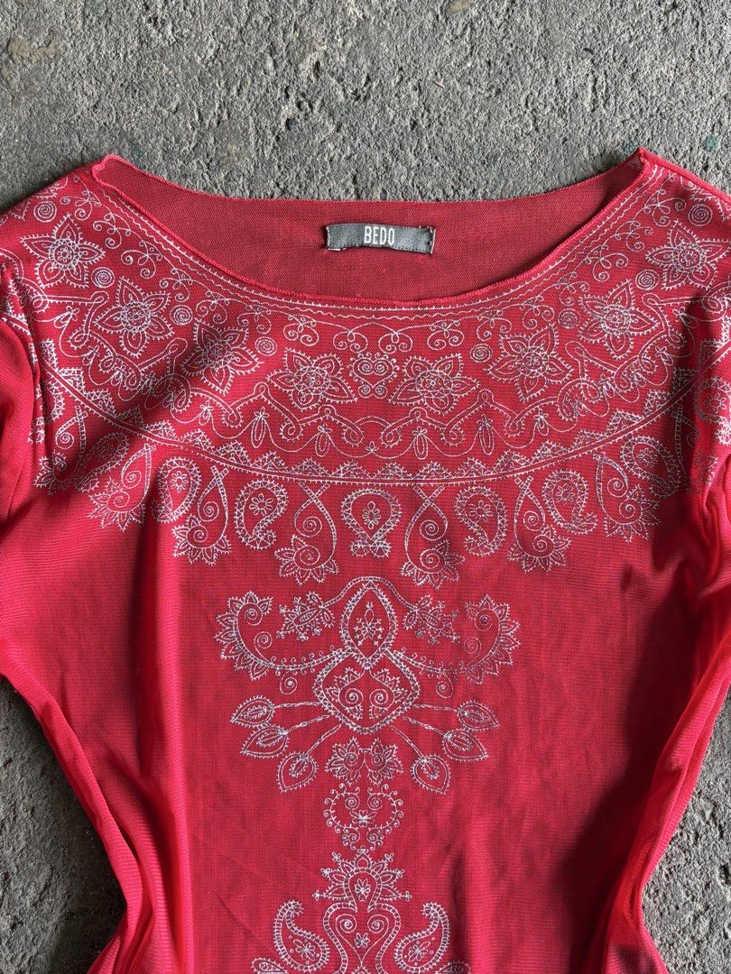 BEDO Red Mesh Long Sleeve Top with Floral Pattern (Category: Longsleeves) located in Quezon City. Submitted by ward.drobe (Listing ID 1466199879, Image 3). Description: Size S-M strchy.