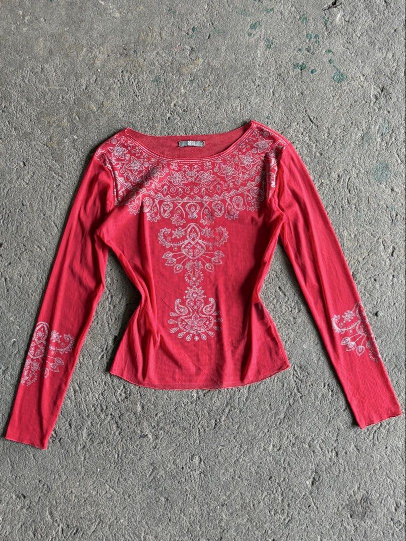 BEDO Red Mesh Long Sleeve Top with Floral Pattern (Category: Longsleeves) located in Quezon City. Submitted by ward.drobe (Listing ID 1466199879, Image 1). Description: Size S-M strchy.