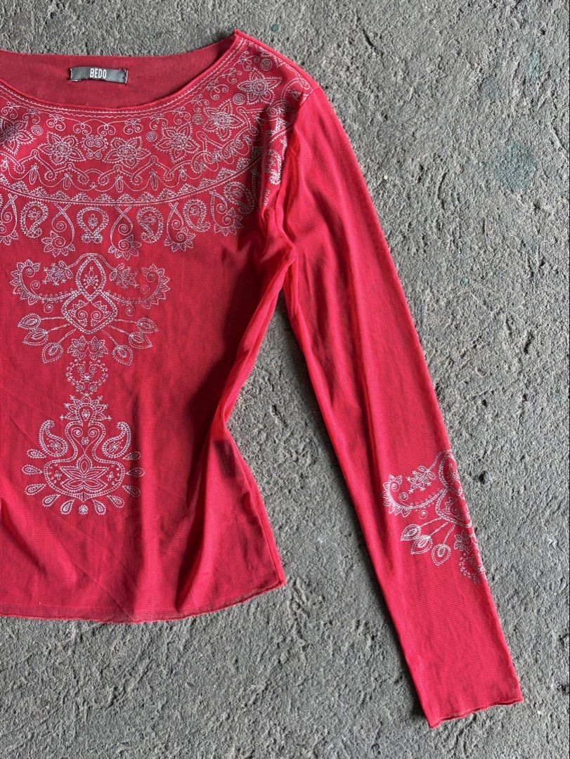 BEDO Red Mesh Long Sleeve Top with Floral Pattern (Category: Longsleeves) located in Quezon City. Submitted by ward.drobe (Listing ID 1466199879, Image 2). Description: Size S-M strchy.