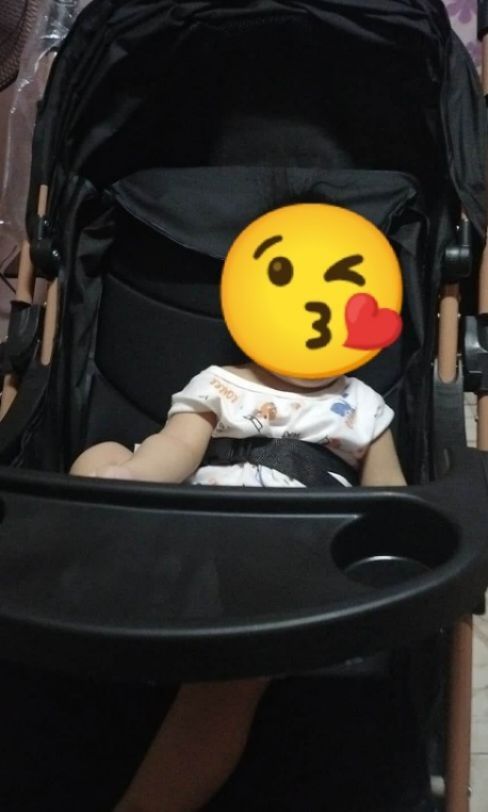 Black Baby Stroller with Tray and Cup Holder (Category: Strollers) located in Manila. Submitted by tiffanyonhand (Listing ID 1463346231, Image 1). Description: - Stylish black baby stroller - Chic rose gold frame - Convenient tray with cup holder - Secure 5-point harness for child's safety - In good, pre-loved condition - Ideal for daily walks and outings - Ready for a new loving home.