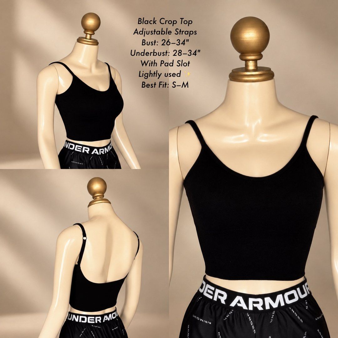 BLACK CROP TOP | S-M (Category: Activewear) located in Manila. Submitted by meisu_mnl (Listing ID 1466274827, Image 1). Description: BLACK CROP TOP 🖤 Best Fit: S–M Condition: Like New ✨ Bust: 26–34" Underbust: 28–34" • Adjustable straps • With pad slot • Stretchy & comfortable • Cropped fit Actual item photos posted. Please check measurements before buying. #BlackCropTop #CropTop #WomensFashion #PrelovedPH #LikeNew #Decluttering #CarousellPH.