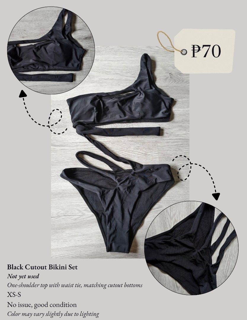 Black Cutout Bikini Set One-Shoulder XS-S (Category: Bikinis & Swimsuits) located in Imus. Submitted by calmwolf_b9c1c6 (Listing ID 1466224659, Image 1). Description: - Item: Black cutout bikini set - Size: XS to S - Design: One-shoulder top with waist tie and stylish strap details, matching cutout bottoms - Perfect for: Swimming, beach trips, and pool days - Note: Color may vary slightly due to lighting.