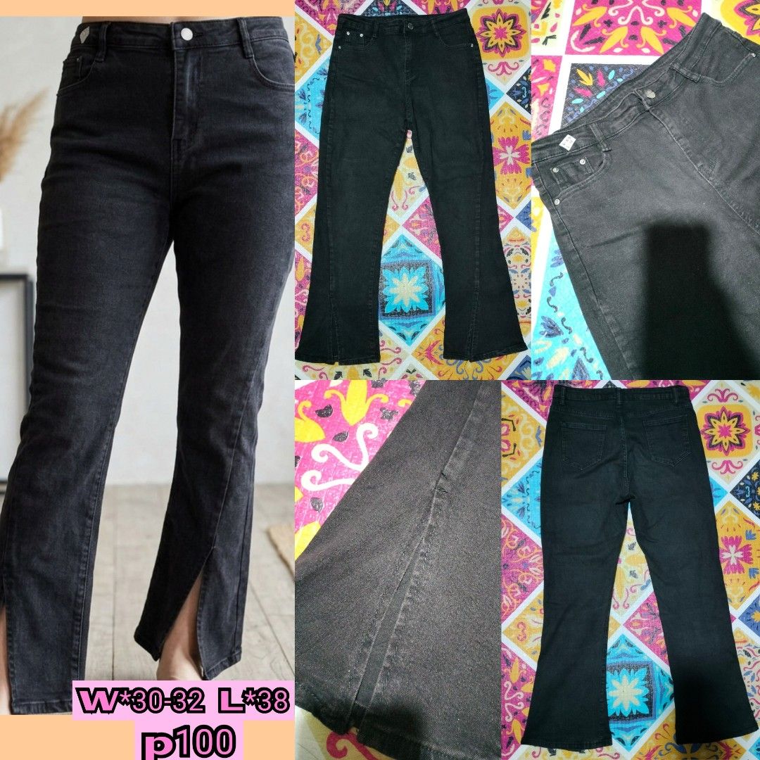 Black denim flare pants with front slit (Category: Jeans) located in Pateros City. Submitted by GandakaHandpick2.0 (Listing ID 1466159457, Image 1). Description: - Style: Super trendy black denim flare pants with a chic front slit hem - Fit: High waist with secure button and zipper closure (Waist: 30-32 inches, Length: 38 inches) - Design: Classic five-pocket style made with a comfortable, slight stretch fabric - Versatility: Easily pairs with bo