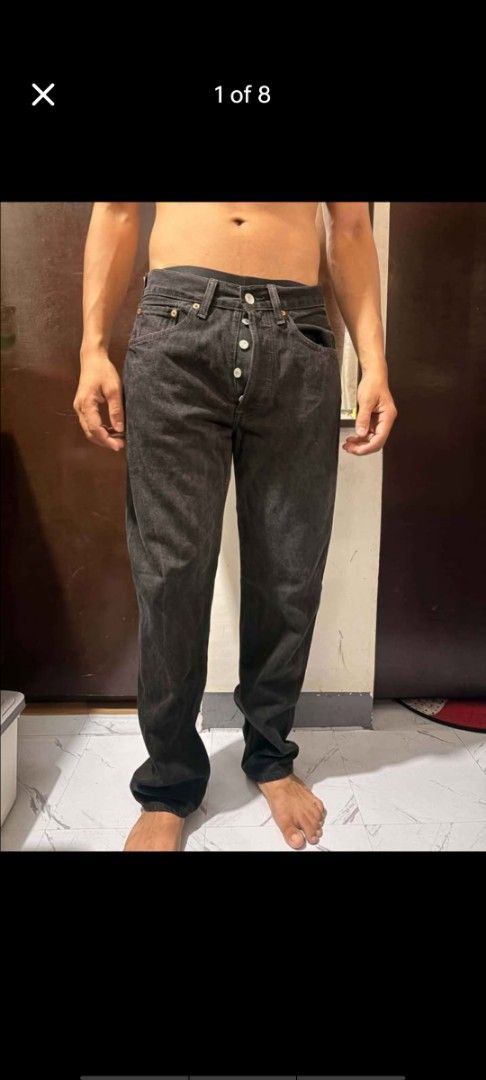 Black denim jeans button fly (Category: Jeans) located in Manila. Submitted by billythekid05 (Listing ID 1466282190, Image 1). Description: - Color: Washed black - Fit: Relaxed straight leg - Closure: Classic button fly - Details: Front scoop pockets and rivet detailing - Style: Versatile everyday denim, pairs well with sweaters or worn solo.