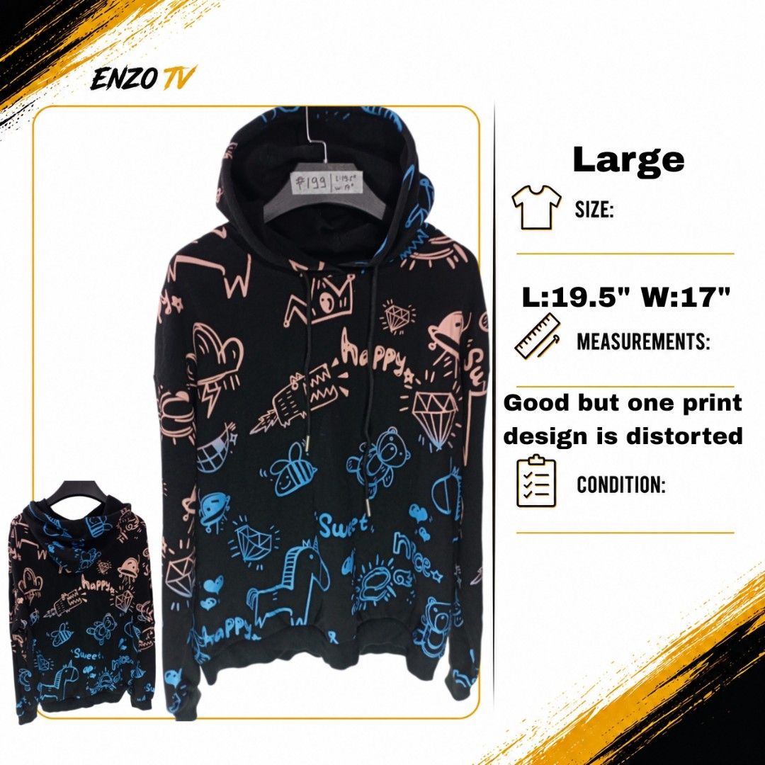 Black Graffiti Print Hoodie Size Large (Category: Hoodies) located in Rodriguez. Submitted by enzo.tv (Listing ID 1466326139, Image 1). Description: Black hoodie covered in colorful doodle prints including unicorns, diamonds, and bears. Drawstring hood and ribbed cuffs. Length measures 19.5 inches, width is 17 inches. Overall good shape, though one print design has some distortion. Comfortable everyday wear with plenty of personality..