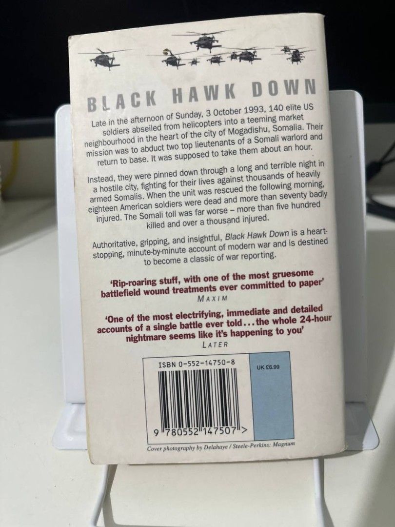 Black Hawk Down by Mark Bowden Paperback (Category: Storybooks) located in Imus. Submitted by t0t3fairi3 (Listing ID 1466158301, Image 2). Description: Black Hawk Down paperback (ISBN: 0-552-14750-8). A gripping true account of the 1993 Mogadishu battle. Pages are clean and readable with slight age-yellowing. Perfect for history buffs and military non-fiction fans..