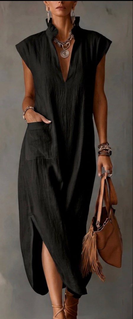 Black Ruffles Standing Collar Deep V Neck Dress (Category: Dresses) located in Iloilo. Submitted by dabyladaby2 (Listing ID 1466268709, Image 2). Description: Once Used Shoulder - 16.1 in, bust 36.6 in, length 50.8 in Fabric is cotton. Fading Black .