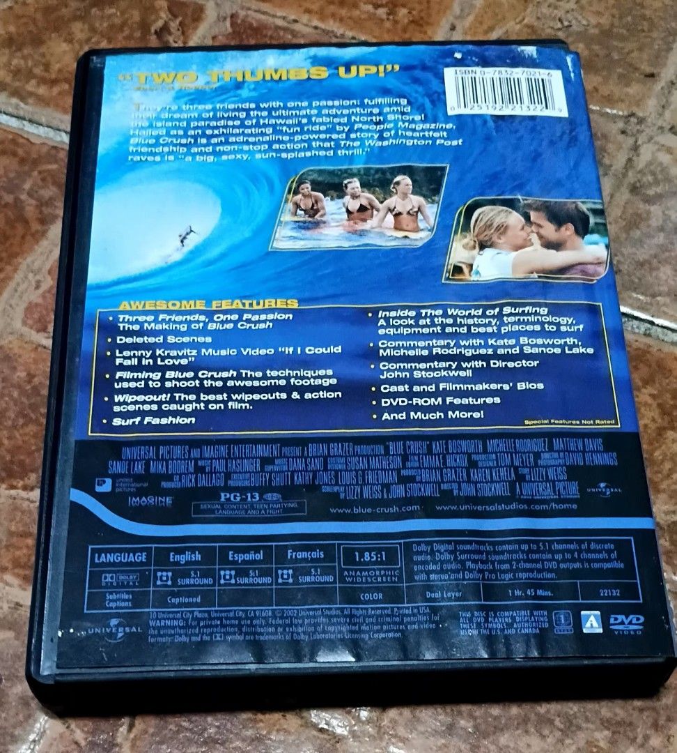 Blue Crush DVD Collector's Edition Widescreen (Category: CDs & DVDs) located in Quezon City. Submitted by dancatz (Listing ID 1466182845, Image 3). Description: □ P 100.00 - Title: Blue Crush Collector's Edition DVD - Starring: Kate Bosworth, Michelle Rodriguez, Sanoe Lake - Format: Widescreen (Universal Pictures, 2002) - Rating: PG-13 - Special Features: Deleted scenes, Lenny Kravitz music video, making-of featurette, and audio commentaries - In