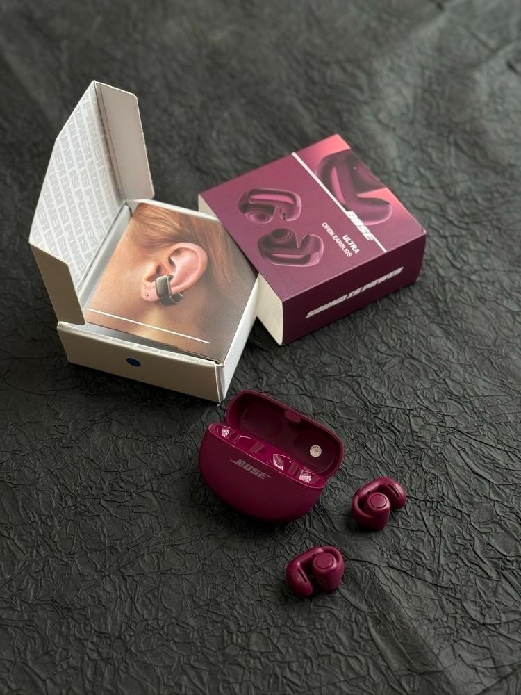 Bose Ultra Open Earbuds (Category: Headphones & Headsets) located in Pasig City. Submitted by coolriver_fbfc1c (Listing ID 1466183521, Image 3). Description: - Model: Bose Ultra Open Earbuds - Color: Moonstone Violet (Matte dark purple finish) - Design: Open-ear design lets you hear your surroundings while listening to music - Fit: Secure cuff fit that rests comfortably around the ear - Inclusions: Complete with original charging case, box, and p