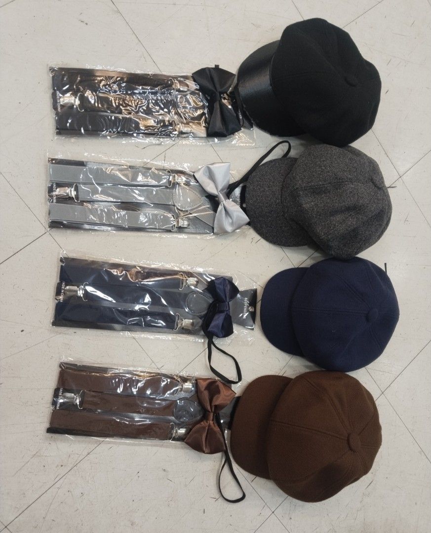 Boys flat cap suspender and bow tie sets assorted colors (Category: Babies & Kids Fashion) located in Manila. Submitted by zdmal (Listing ID 1466168545, Image 1). Description: - 4 complete color sets: Black, Grey Tweed, Navy, and Brown - Each set includes a flat cap, matching suspenders, and bow tie - Suspenders and bow ties are brand new and sealed in original packaging - Ideal for weddings, birthday parties, and photo shoots - Available individ