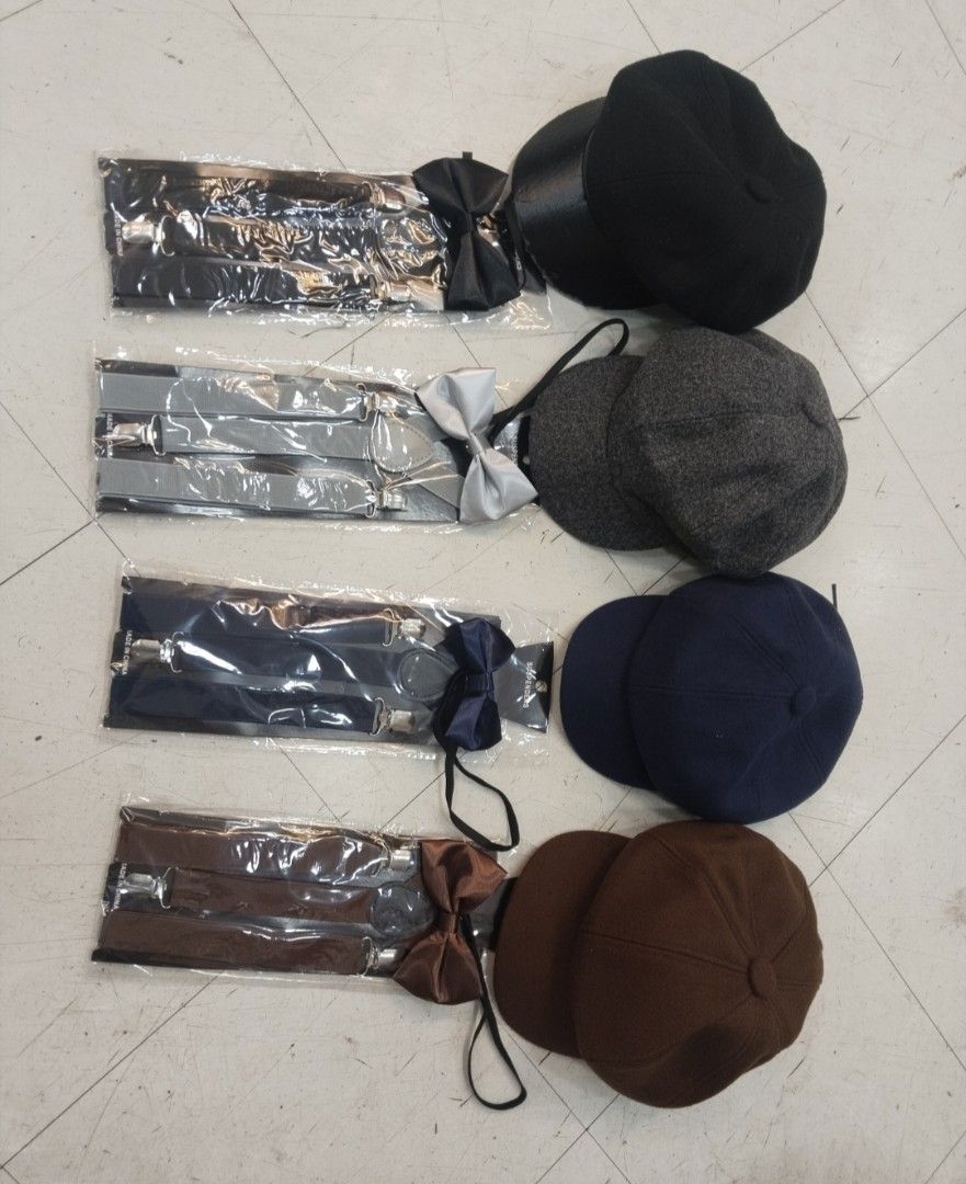 Boys flat cap suspender and bow tie sets assorted colors (Category: Babies & Kids Fashion) located in Manila. Submitted by zdmal (Listing ID 1466168545, Image 2). Description: - 4 complete color sets: Black, Grey Tweed, Navy, and Brown - Each set includes a flat cap, matching suspenders, and bow tie - Suspenders and bow ties are brand new and sealed in original packaging - Ideal for weddings, birthday parties, and photo shoots - Available individ