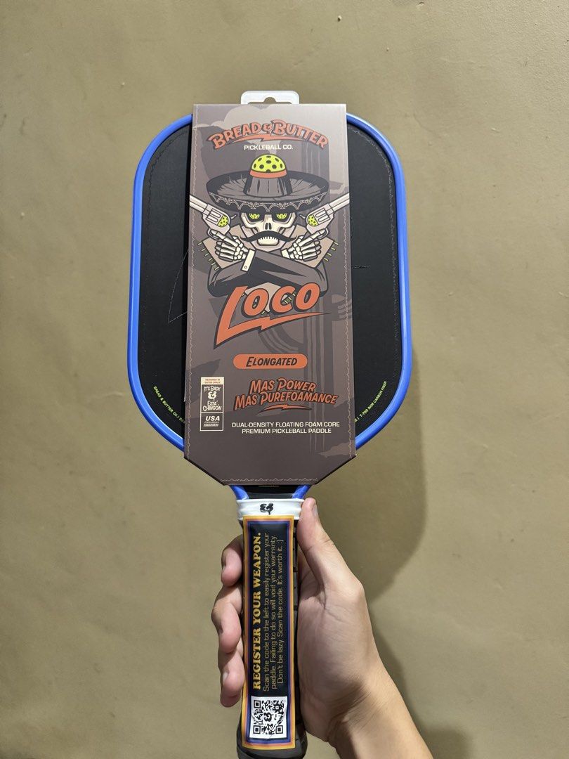 Bread & Butter Loco Elongated Pickleball Paddle (Category: Racket and Ball Sports) located in Pagadian. Submitted by lancism.g (Listing ID 1466333531, Image 1). Description: - Brand: Bread & Butter Pickleball Co. - Model: Loco Elongated - Condition: Brand new, unopened, and unused - Handle: Still has factory plastic wrap and registration QR code sticker - Key Features: Dual-density floating foam core and T-700 raw carbon fiber surface for ultimat