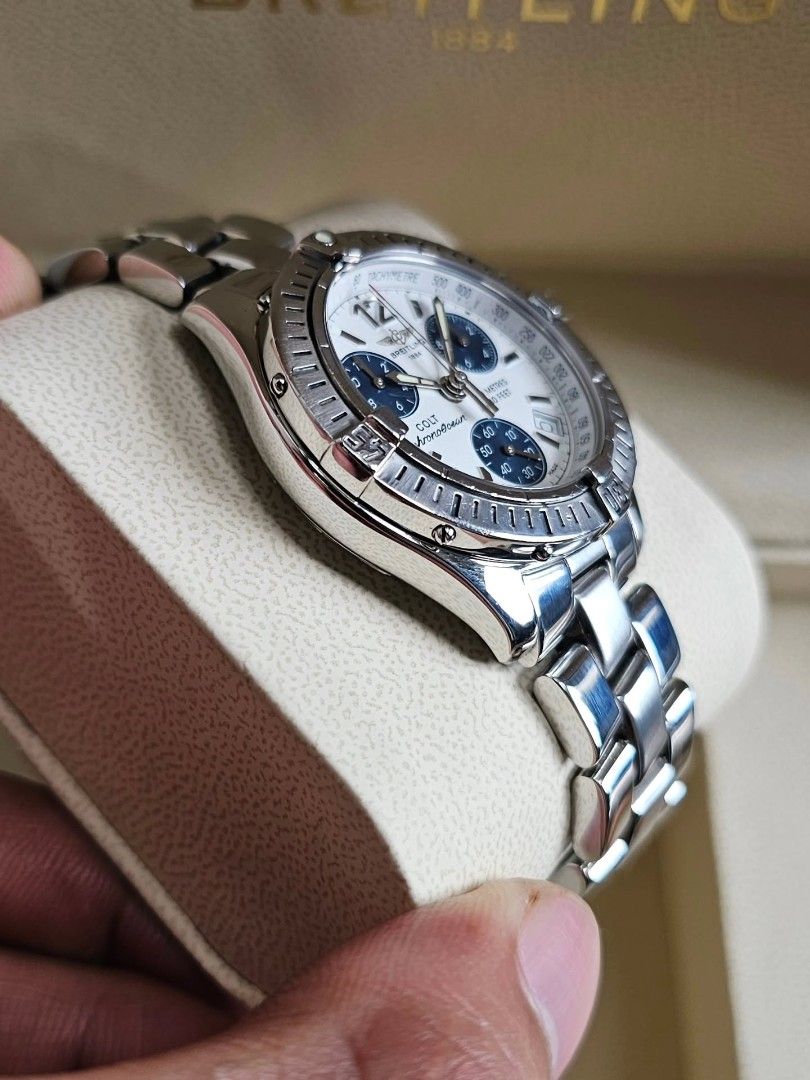 Breitling Colt Chronograph Quartz (Category: Luxury Watches) located in Makati City. Submitted by timeless_watches_ph (Listing ID 1466231882, Image 3). Description: Ref Number A53350 38mm Case diameter Quartz Movement With presentation box and manual New Battery Swiss Made Complete links (fits 8 inch wrist) Open for authentication.