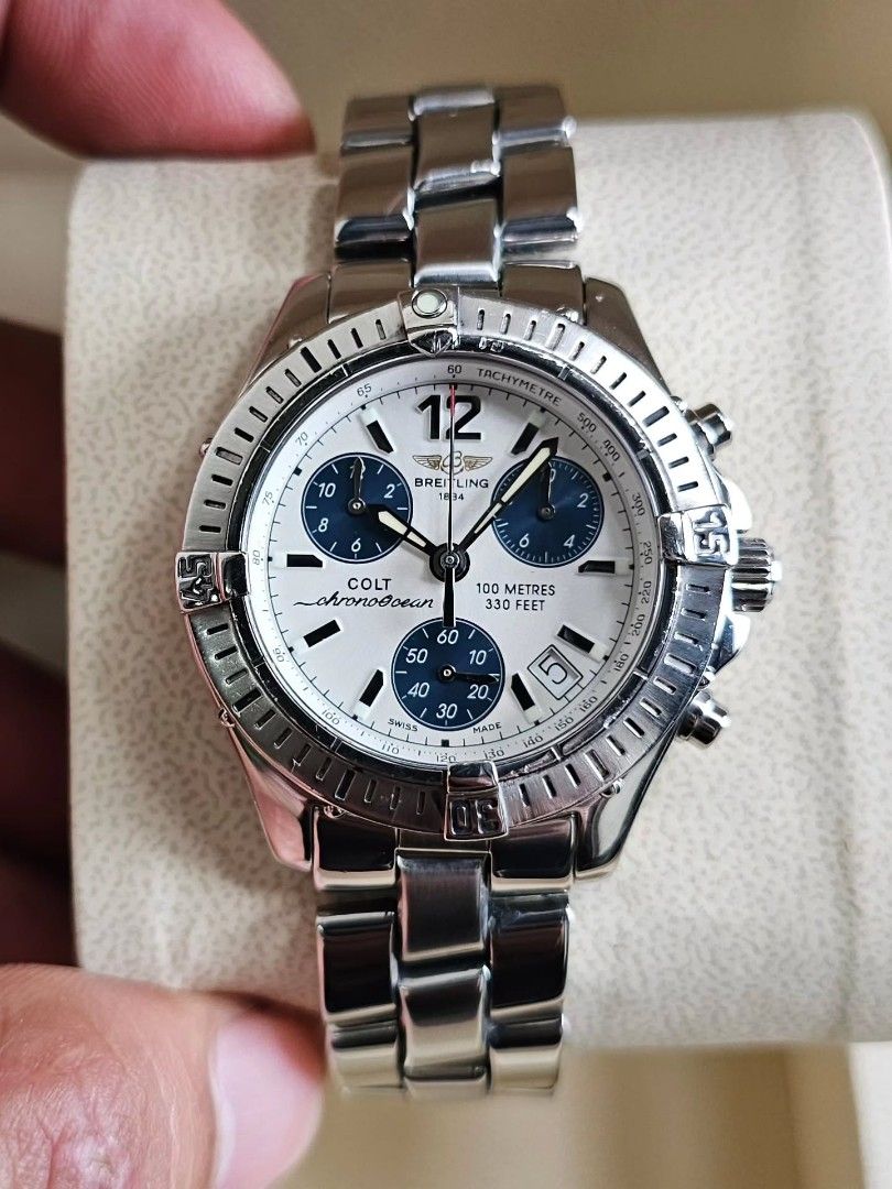 Breitling Colt Chronograph Quartz (Category: Luxury Watches) located in Makati City. Submitted by timeless_watches_ph (Listing ID 1466231882, Image 2). Description: Ref Number A53350 38mm Case diameter Quartz Movement With presentation box and manual New Battery Swiss Made Complete links (fits 8 inch wrist) Open for authentication.