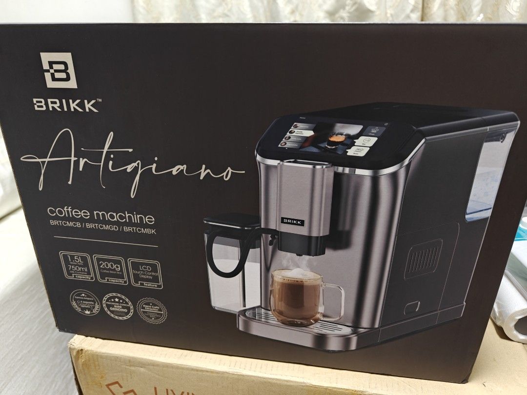 BRIKK Artigiano Espresso Coffee Machine (Category: Coffee Machines & Makers) located in Quezon City. Submitted by parabuyalways (Listing ID 1466336374, Image 1). Description: - Brand new & sealed in original retail box - Sleek dark metallic finish with top LCD touch control display - Built-in 200g coffee bean box with precision conical burr grinder - 1.5L water tank and 750ml attached milk container - Rapid caffè extraction system for espresso, c