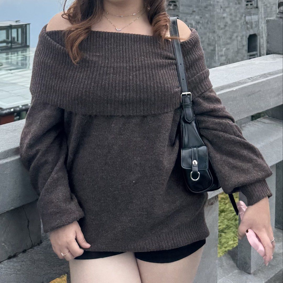 Brown Off-Shoulder Knit Sweater (Category: Longsleeves) located in Cabuyao City. Submitted by yeppeo967 (Listing ID 1466292013, Image 1). Description: - Color: Brown - Design: Off-shoulder with a stylish folded collar - USED ONCE.