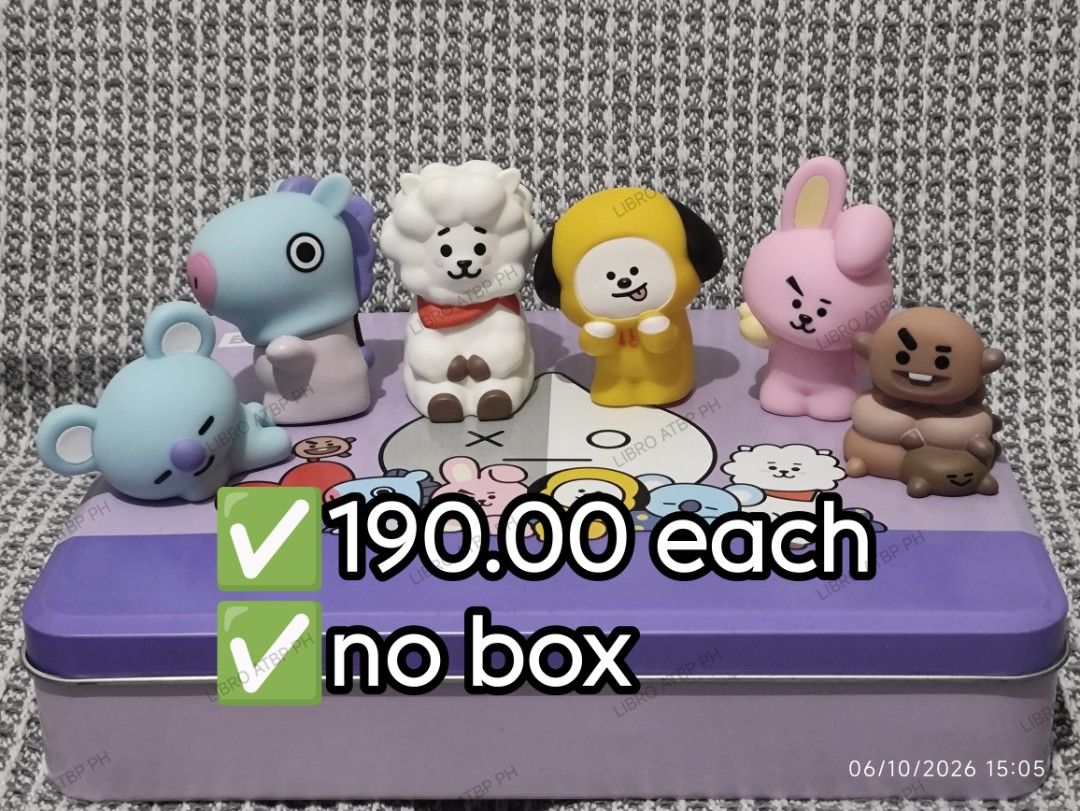 BT21 Figures (Category: K-Wave Merchandise) located in Quezon City. Submitted by libro_atbp (Listing ID 1466261837, Image 1). Description: 🧸💜 TINY TAN / BT21 FOR SALE! ⤷ Personal collection decluttering ✨ ⤷ Paubos sale. ⤷ 📸 Prices are on the photos. ⤷ 📍 North Olympus Subd., Quezon City • pm for inquiries • no cancellations! • PAYO ONLY! FIRST-TO-PAY POLICY MOD: sdd/j&t/flash MOP: gcash/maya/gotyme/maribank.