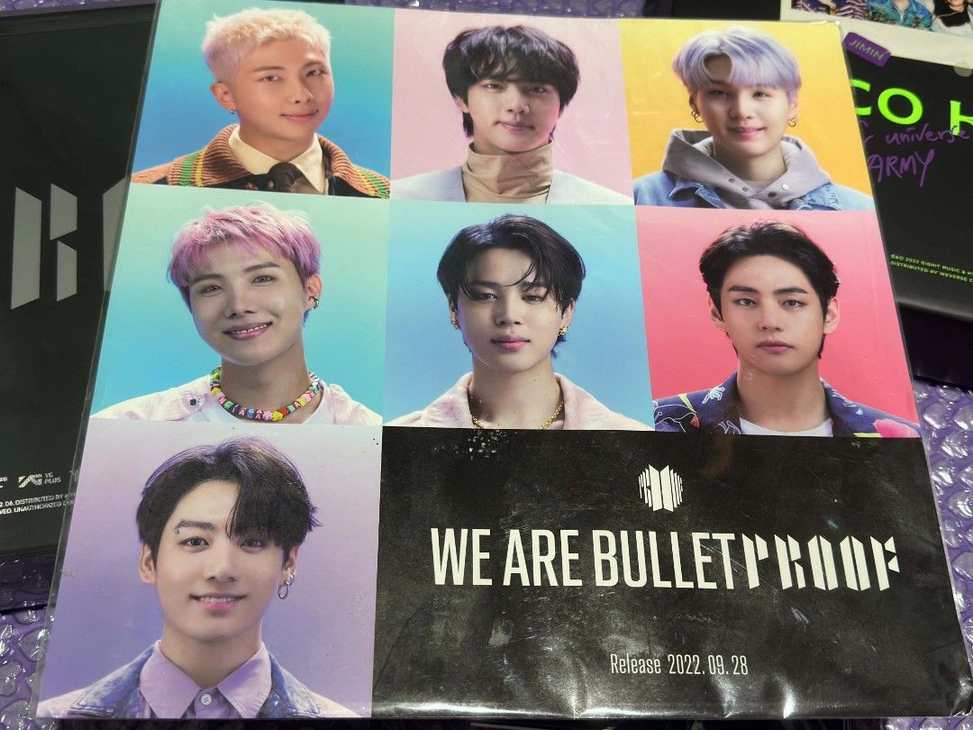 BTS PROOF Collector's Efition Mini Poster POB (Category: K-Wave Merchandise) located in Batangas. Submitted by tainniegurl (Listing ID 1466274421, Image 1). Description: - Official BTS group poster featuring all 7 members (RM, Jin, Suga, J-Hope, Jimin, V, Jungkook) - Features 'We Are Bulletproof' text and release date: 2022.09.28 - Eye-catching, colorful individual portrait blocks for each member - Standard paper poster format, perfect for framin