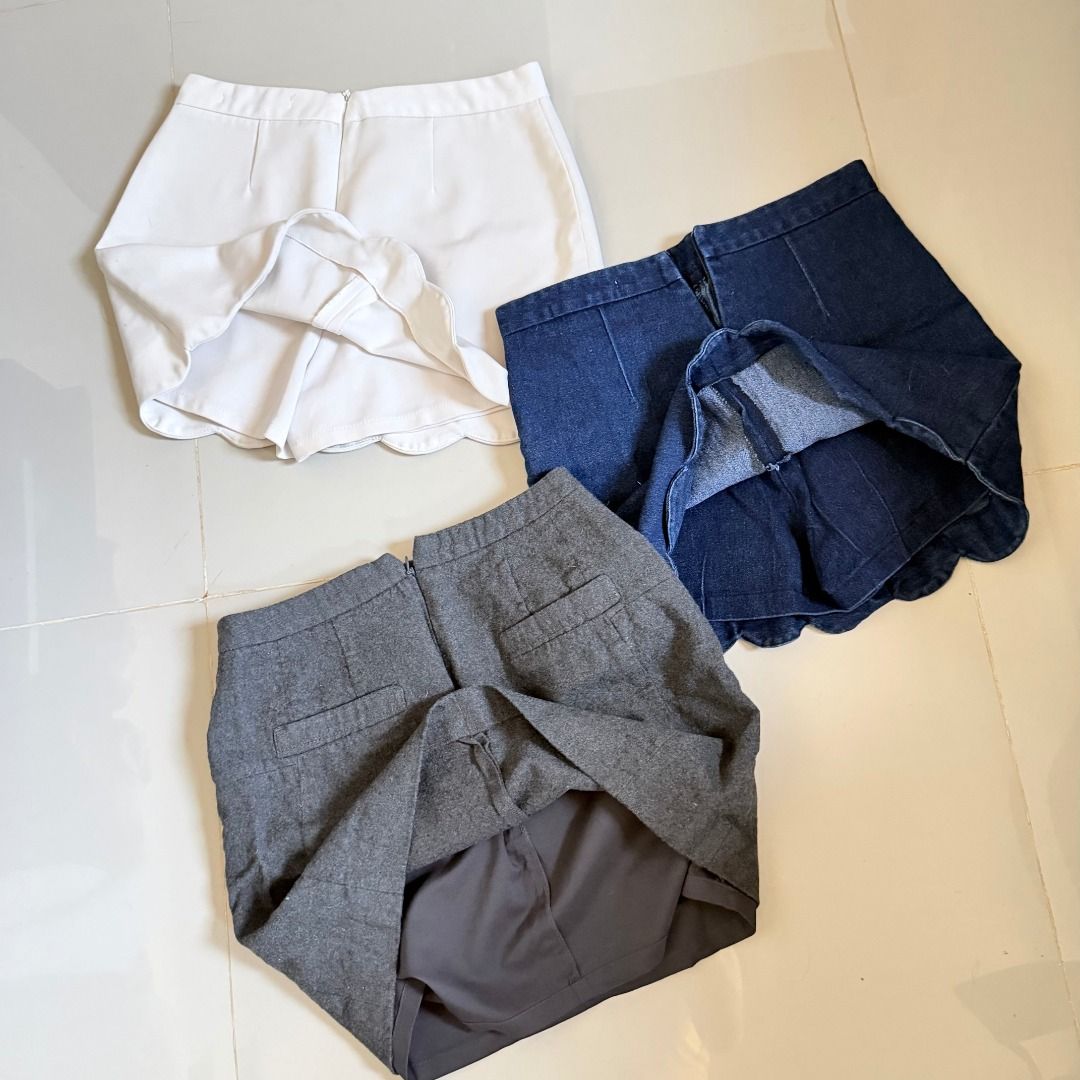 Bundle of 3: Mini Skirts (Category: Skirts) located in Baliuag. Submitted by dubu.preloved (Listing ID 1466270759, Image 2). Description: White, Denim, and Gray Skirts Bundle - Good for Office Wear! - With Shorts Lining (White & Denim) ✨ Conditions: 9/10 📏 Waistline: 24-26 🚚 Shipping available via JNT/Flash 📍 Meet-up: Baliuag, Bulacan.