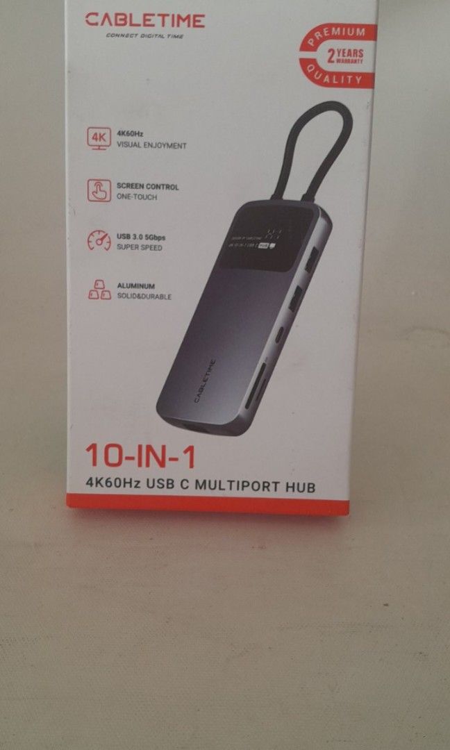 CABLETIME 10-in-1 4K60Hz USB-C Multiport Hub (Category: Networking) located in Pasig City. Submitted by realistic28 (Listing ID 1466306782, Image 1). Description: CABLETIME 10-in-1 USB-C Multiport Hub — premium aluminum build, compact at madaling dalhin. Perfect for laptop, tablet, at iba pang USB-C devices na nangangailangan ng additional ports. ✅ 4K @ 60Hz video output ✅ USB 3.0 hanggang 5Gbps high-speed data transfer ✅ Multiple ports para sa i