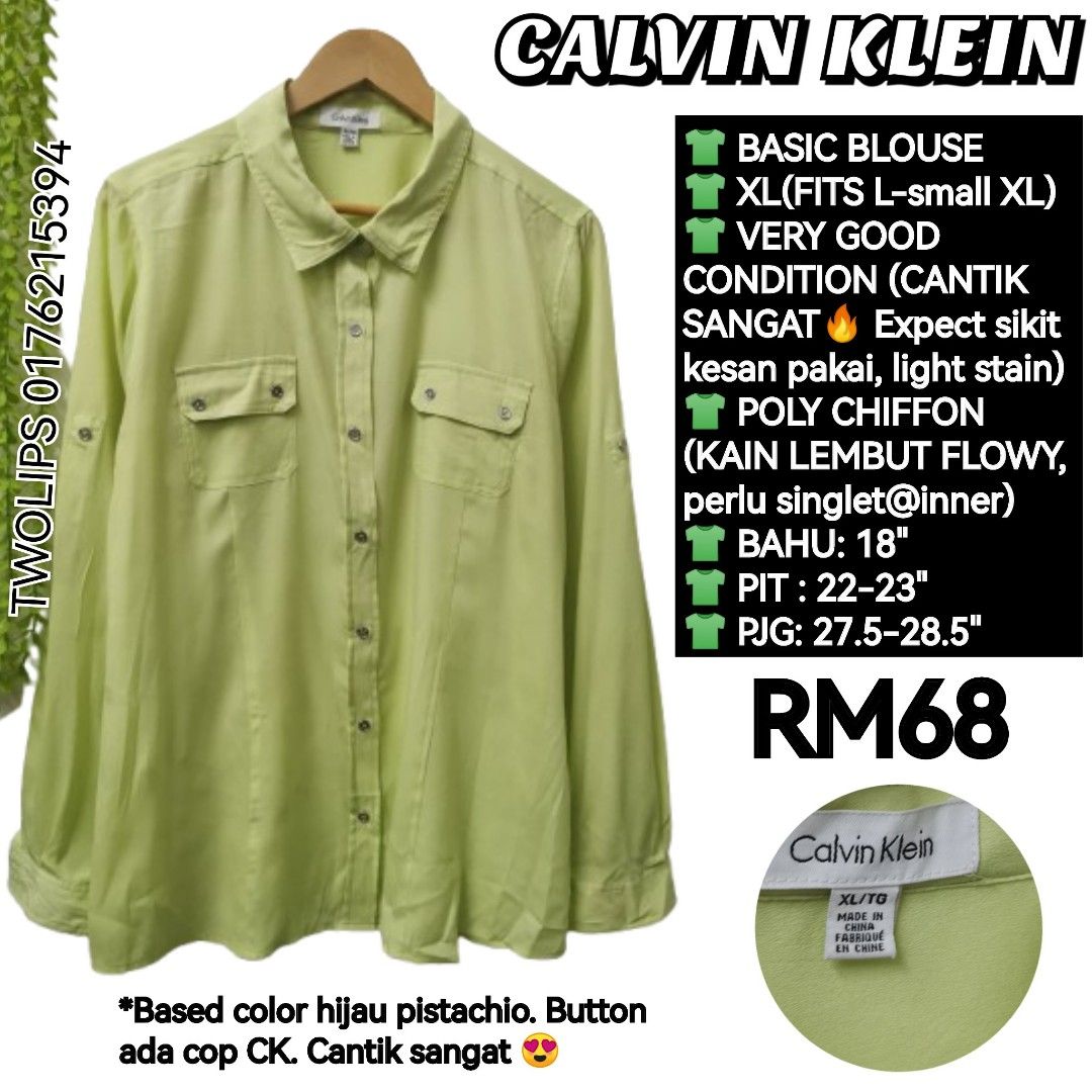 CALVIN KLEIN BASIC BLOUSE (Category: Blouses) located in Sepang. Submitted by twolips.wardrobe (Listing ID 1466162029, Image 1). Description: FREE POSTAGE SEMENANJUNG ✔️ SS POSTAGE + RM15 ❤️❤️❤️❤️❤️❤️❤️❤️ PLEASE BACA SEBELUM BELI: ❤️ ADA 7 OWNER BAJU DALAM NI. 2 admin ❤️ BAJU DARI PELBAGAI SOURCES (ada new item/ warehouse sale/ custom/preloved / yang tak berkenan beli kat seller lain pun akan diletgo semula di sini, etc) ❤️ TAK SESUAI UNTUK FUSSY