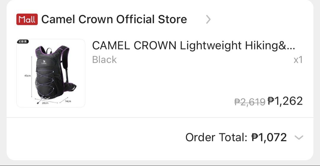 CAMEL CROWN 18L Hiking Backpack Black Purple (Category: Hiking & Camping) located in Makati City. Submitted by angel64119 (Listing ID 1466214945, Image 3). Description: Camel Crown 18L Hiking Backpack Original price: 1,072 php Never used RFS: Mas prefer mag light pack - Brand: CAMEL CROWN - Color: Black with stylish purple trim - Compact Dimensions: 45cm x 28cm x 14cm - Storage: Mesh side pockets and front bungee cord storage - Comfort: Padded sh