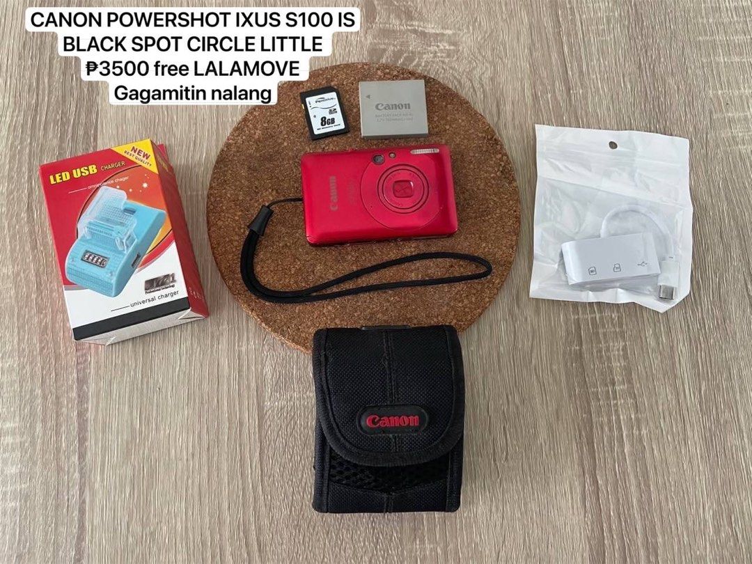 Canon ixus 100 is (Category: Cameras) located in Las Pinas. Submitted by ms_rtchlqueen (Listing ID 1466229463, Image 1). Description: Canon ixus 100 is red canon complete inclusion black spot circle little Las pinas city Pick up , meet up , delivery j&t,lalamove .