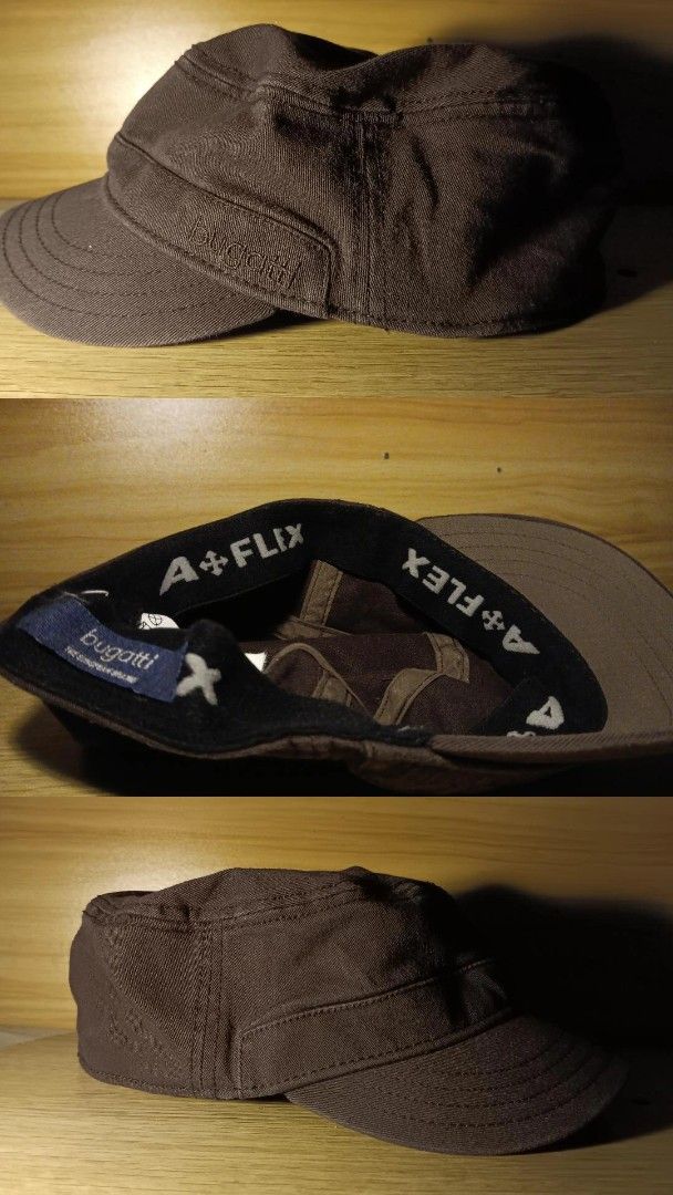 CAP, HAT, BUGATTI (Category: Caps & Hats) located in Caloocan City. Submitted by cappedcap (Listing ID 1466326897, Image 1). Description: - Brand: Bugatti - Color: Brown - Style: Military cadet cap with curved brim - Comfort: A-Flex stretchy inner band for a snug fit - Details: Embroidered logo on the side.