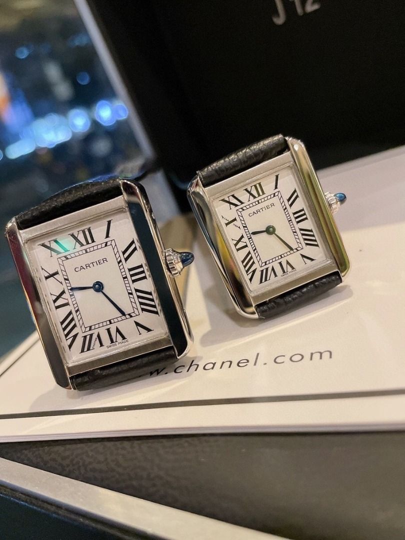 Cartier Tank Watch (Category: Luxury Watches) located in Navotas City. Submitted by kaimaieinm89351 (Listing ID 1466240462, Image 3). Description: - Authentic Cartier Tank watch - Classic white dial with elegant Roman numerals - Silver-tone case with a signature blue sapphire cabochon crown - Premium black leather strap - Includes tag and spare clasp in the set - Two size variants available (refer to photos) - Perfect for daily wear or formal occ