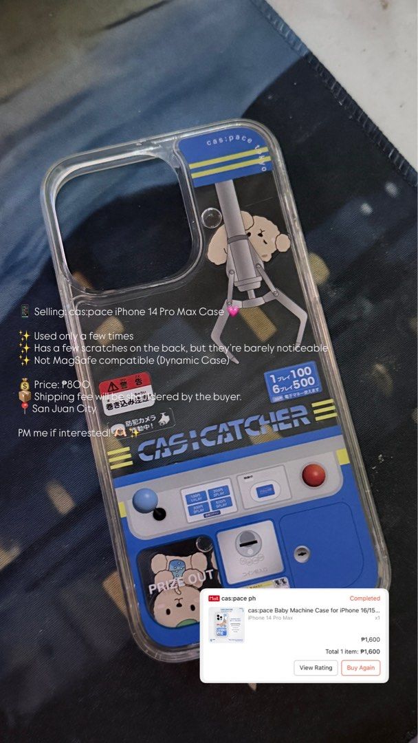 cas:pace Iphone 14promax (Category: Cases & Sleeves) located in San Juan City. Submitted by geilertag (Listing ID 1466204899, Image 1). Description: 📱 Selling: Casetify iPhone 14 Pro Max Case 💗 ✨ Used only a few times ✨ Bought for ₱1,600 ✨ Has a few scratches on the back, but they’re barely noticeable ✨ Not MagSafe compatible (Dynamic Case) ✨ Can provide more pics and videos of the case! just send me a DM 💰 Price: ₱700 📦 Shipping fee will be 