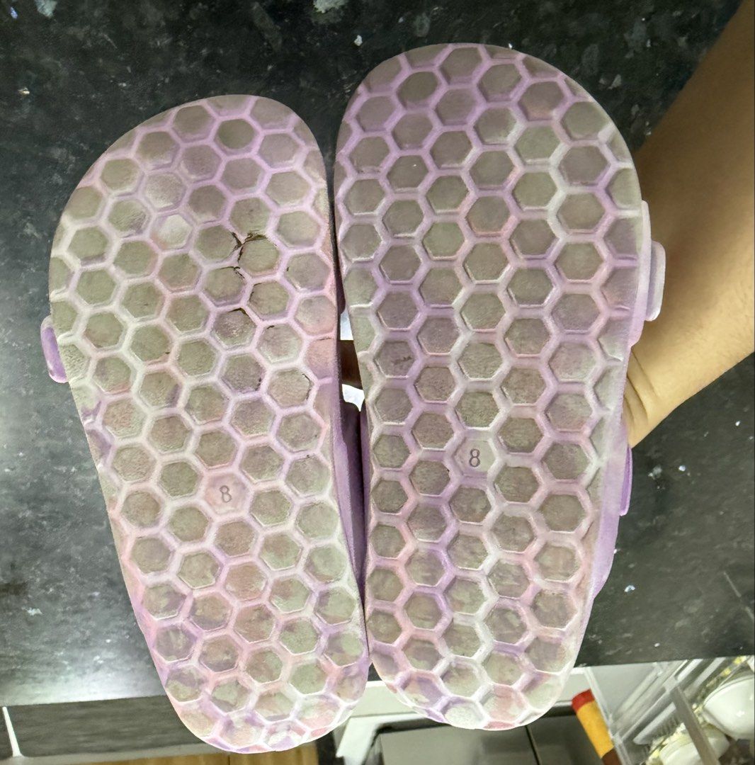 Cat & Jack Purple Marble Sandals Size 8 (Category: Babies & Kids Fashion) located in Calamba. Submitted by sofiesmerch (Listing ID 1466208310, Image 3). Description: - Brand: Cat & Jack - Size: 8 Toddler/Kids - Color: Purple marble wash - Design: Double buckle top straps with secure hook-and-loop heel strap - Comfort & Safety: Textured footbed and honeycomb grip soles - Condition: Shows some wear on the bottom soles and tread from normal use.