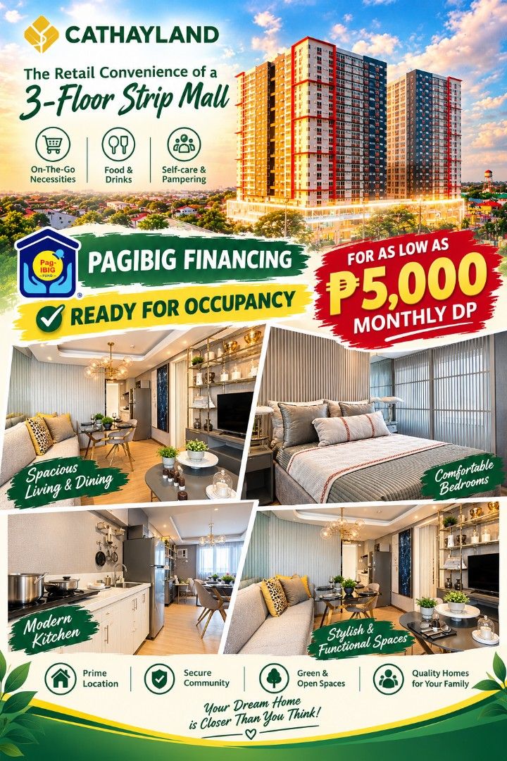 Cathayland Ready for Occupancy Condo Pag-IBIG Financing (Category: Apartments & Condos) located in Manila. Submitted by adayojoana97051 (Listing ID 1466328911, Image 1). Description: Ready for occupancy condo unit by Cathayland. Monthly downpayment starts at 5,000 pesos via Pag-IBIG financing. Includes access to a 3-floor strip mall with daily essentials, food, and pampering services. Prime location with secure community, open green spaces, and q