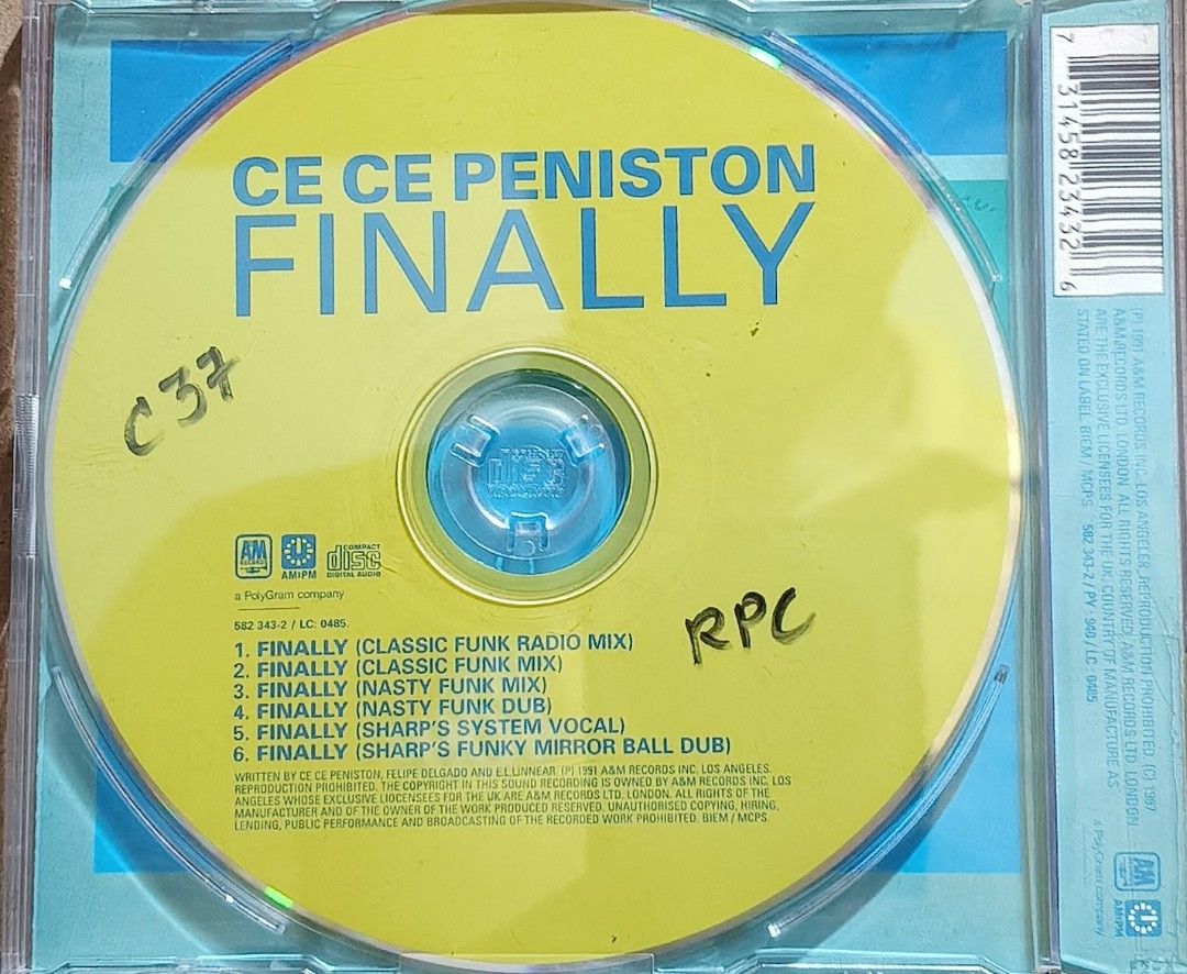 Ce Ce Peniston Finally CD Album (Category: CDs & DVDs) located in Manila. Submitted by ruelcabrer77078 (Listing ID 1466328794, Image 3). Description: - Artist & Album: Ce Ce Peniston - Finally CD - Tracklist: Includes Classic Funk Radio Mix, Nasty Funk Mix, Sharp's System Vocal, and Sharp's Funky Mirror Ball Dub (6 tracks total) - Packaging: Jewel case included - Condition: Disc has some markings and handwritten text.