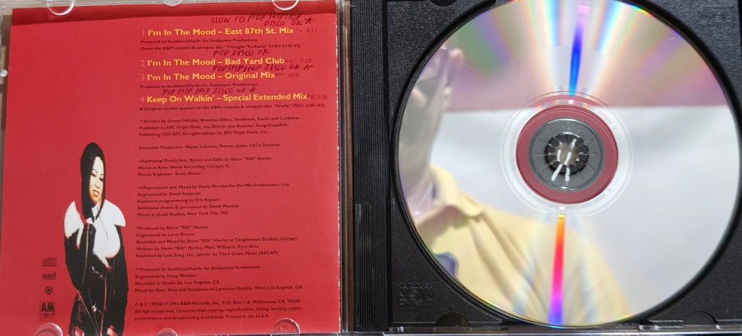 CeCe Peniston - I'm In The Mood CD (Category: CDs & DVDs) located in Manila. Submitted by ruelcabrer77078 (Listing ID 1466328855, Image 3). Description: CeCe Peniston single CD, I'm In The Mood. Released by A&M Records in 1993. Includes four tracks: East 87th St. Mix, Bad Yard Club, Original Mix, and Keep On Walkin' Special Extended Mix. Jewel case included. Track info written in red ink on the inner paper insert. Disc has writing on the face lab