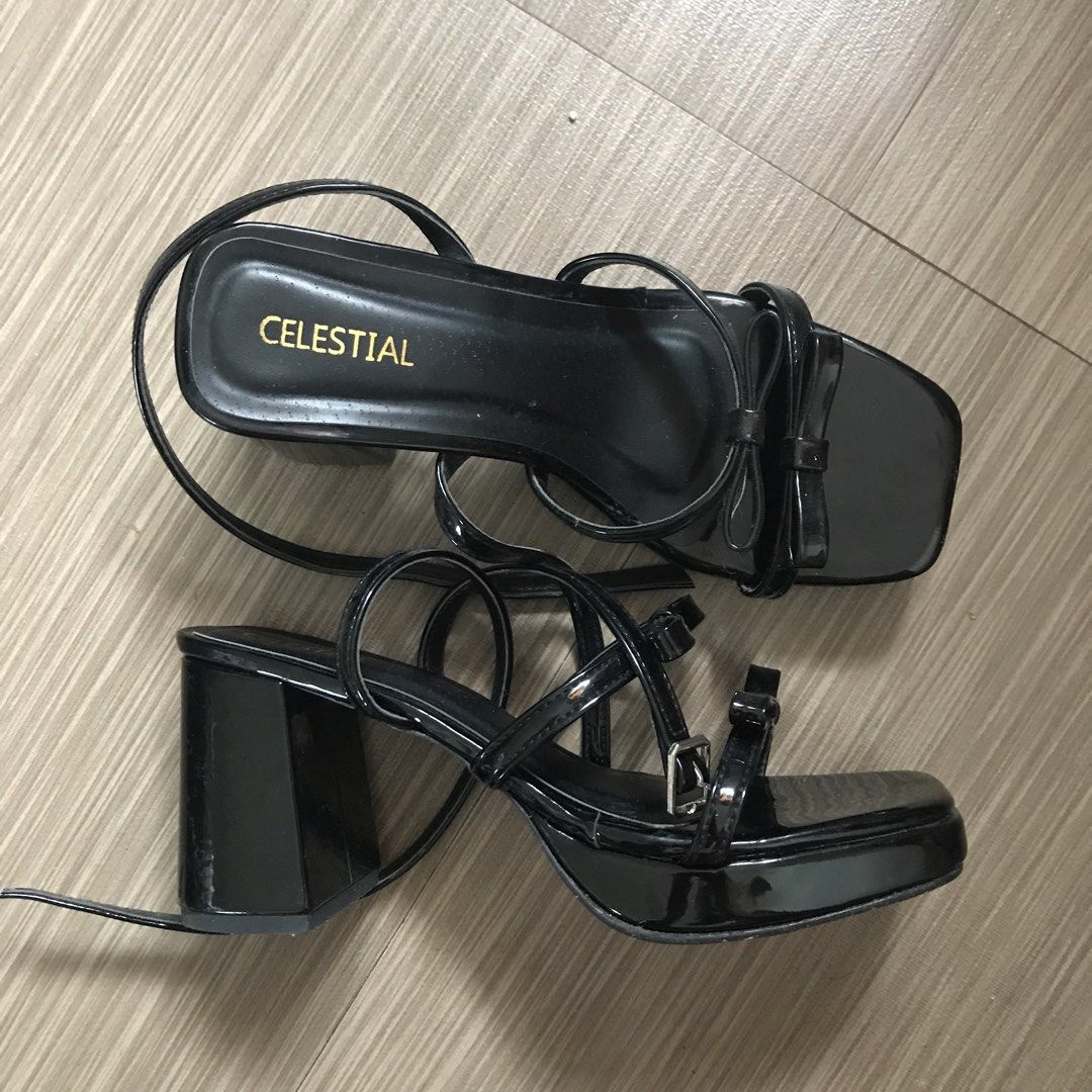 CELESTIAL Black Patent Heeled Sandals with Bows (Category: Heels) located in Marikina City. Submitted by altvxz (Listing ID 1466332405, Image 2). Description: - 3 Inch Heels - Worn once lang for an event - RFS: I cannot pull off 3 inch heels haha - Style: Black patent block heels with square open toe - Design: Strappy upper featuring two charming small bows - Closure: Adjustable ankle strap with buckle - Finish: Glossy, shiny finish throughout - 