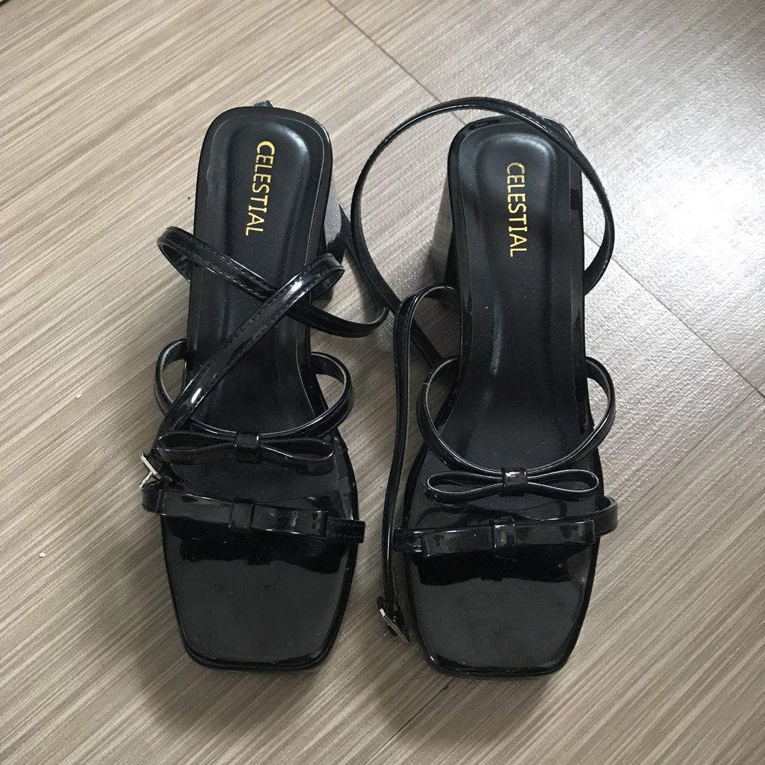 CELESTIAL Black Patent Heeled Sandals with Bows (Category: Heels) located in Marikina City. Submitted by altvxz (Listing ID 1466332405, Image 1). Description: - 3 Inch Heels - Worn once lang for an event - RFS: I cannot pull off 3 inch heels haha - Style: Black patent block heels with square open toe - Design: Strappy upper featuring two charming small bows - Closure: Adjustable ankle strap with buckle - Finish: Glossy, shiny finish throughout - 