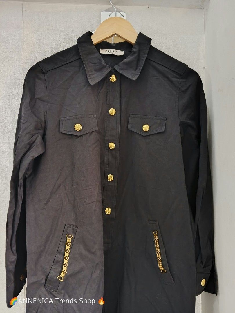 Celine Long Dress (Category: Coats, Jackets and Outerwear) located in Bulacan. Submitted by ukaybrandedshop (Listing ID 1466196323, Image 2). Description: CÉLINE PARIS Black Long Dress / Polo Dress 🖤✨ GRABE KA SOSYAL NITO MGA SUKI! ✅ Celine Paris on tag ✅ Gold Buttons - Ang ganda ng details! 👑 ✅ With Gold Chain Pockets ✅ Long sleeves / Long dress - Pang elegant ✅ Size: M to L (Ganda ng bagsak!) ✅ No major flaw / Good as new Pang simba, pang off