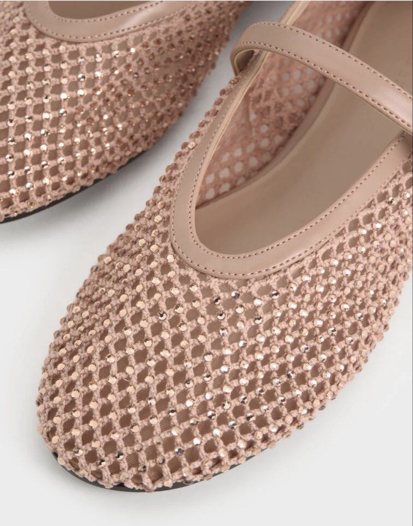 Charles & Keith Crystal Mary Jane Flats (Category: Flats & Sandals) located in General Santos City (Dadiangas). Submitted by wangmeixia68903 (Listing ID 1466182733, Image 2). Description: - Brand: Charles & Keith - Style: Mesh Mary Jane flats with sparkling rhinestones - Color: Nude pink - Details: Thin ankle strap with silver buckle, low flat heel, rubber outsole - Condition: Clean insoles with visible brand stamping - Versatility: Comfortable s