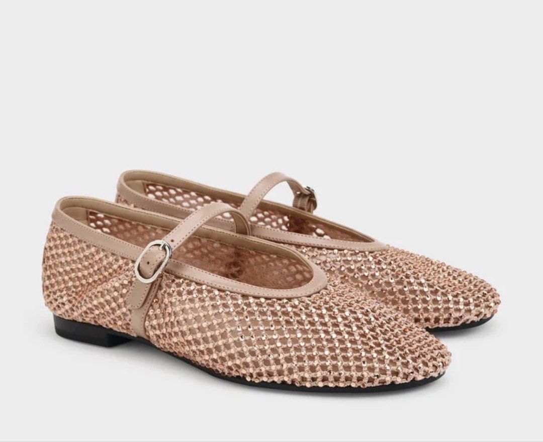 Charles & Keith Crystal Mary Jane Flats (Category: Flats & Sandals) located in General Santos City (Dadiangas). Submitted by wangmeixia68903 (Listing ID 1466182733, Image 3). Description: - Brand: Charles & Keith - Style: Mesh Mary Jane flats with sparkling rhinestones - Color: Nude pink - Details: Thin ankle strap with silver buckle, low flat heel, rubber outsole - Condition: Clean insoles with visible brand stamping - Versatility: Comfortable s