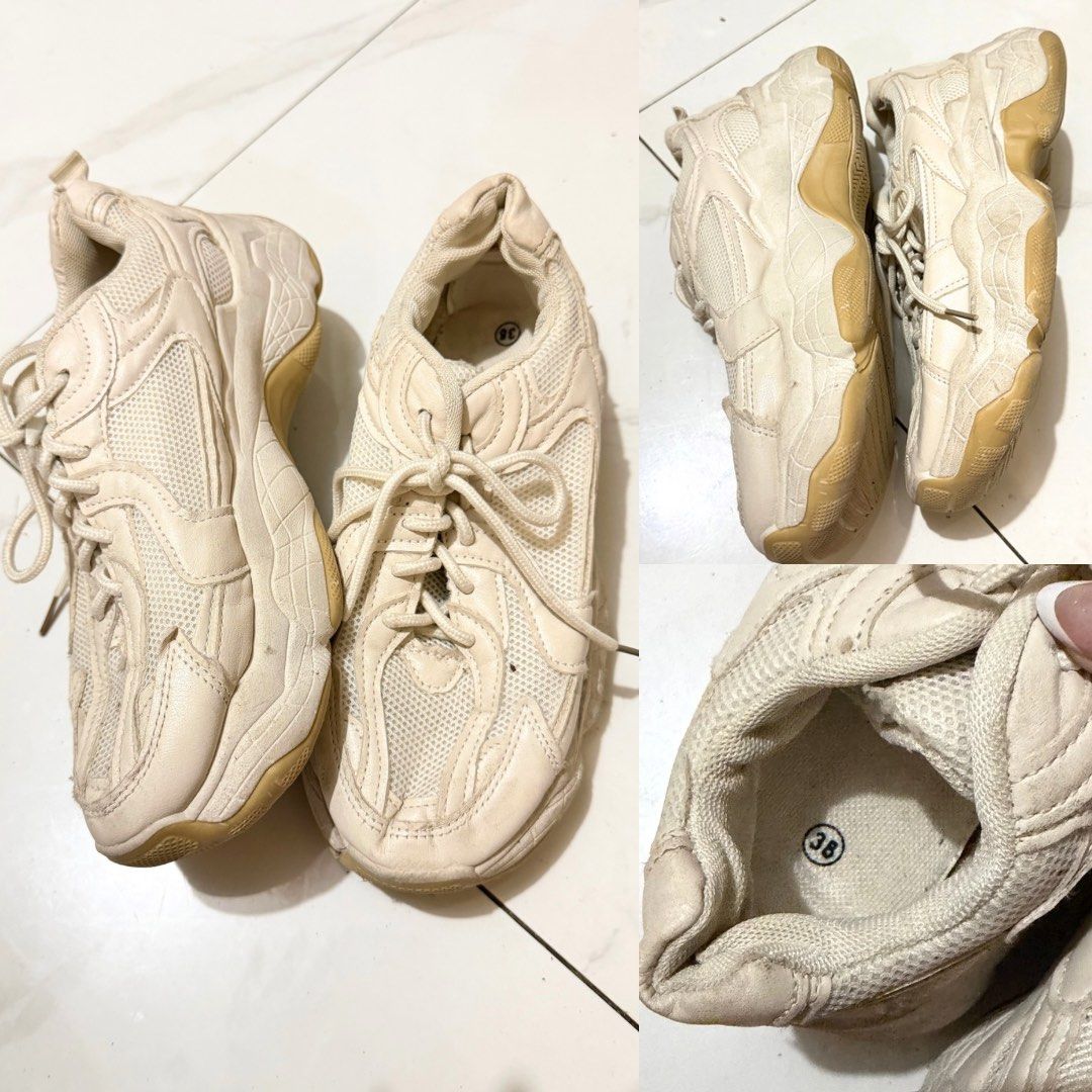 Chunky Cream Sneakers / Platform Trainers (Category: Sneakers) located in Caloocan City. Submitted by lovedbyzee (Listing ID 1466269819, Image 1). Description: ₊˚⊹♡ ➔ Size: EUR 38 ₊˚⊹♡ ➔ Trendy, chunky silhouette featuring a mix of mesh and synthetic leather panels, thick platform soles, and a contrast gum-colored outsole. ₊˚⊹♡ ➔ Condition: Preloved with light signs of wear on the uppers and soles—just needs a good wash to look fresh and bright a