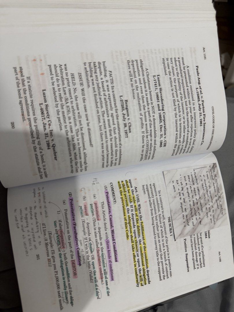 Civil Code of the Philippines Annotated by Paras (Category: Textbooks) located in Quezon City. Submitted by officially.aa (Listing ID 1466276530, Image 2). Description: Title: Civil Code of the Philippines Annotated (Prescription, Obligations, and Contracts - Articles 1106-1457) Author: Justice Edgardo L. Paras - Contains handwritten notes, highlights, and annotations from previous study sessions; binding remains intact and text is fully readable